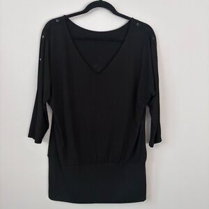 Black Women's Top Banded Waist Button Sleeve reversible V neck or back sweater